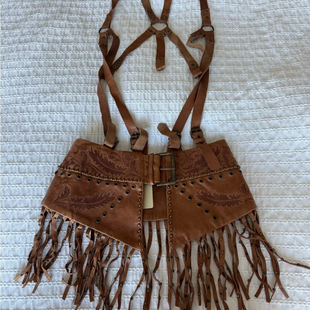 Haute Hippie Brown Leather Fringe Studded Waist Belt